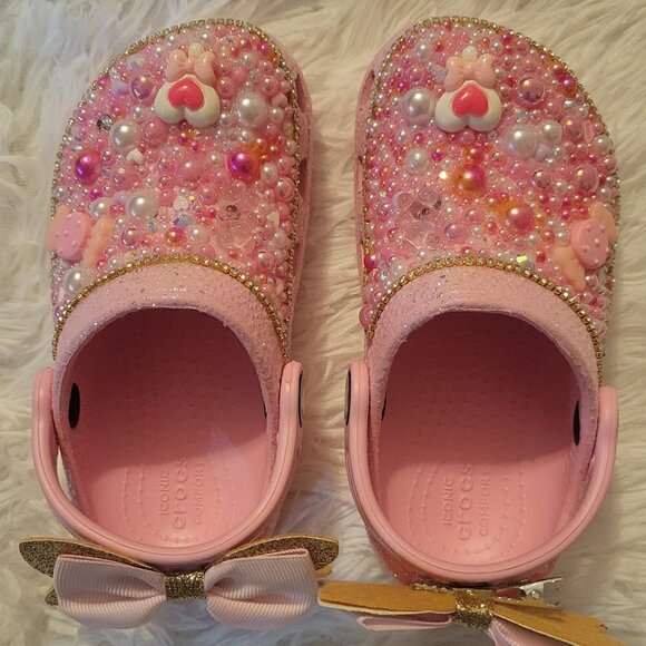 Custom Toddler Pink Tweed Glitter Crocs Pink & White Size C9 - Picture 6 of 9